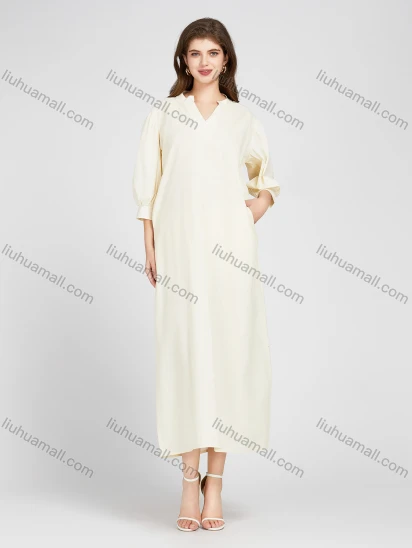 Wholesale Women's Linen Notched Neck Puff Sleeve Plain Loose Fit Midi Dress With Pockets