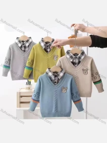 Wholesale Boy's Casual 2-in-1 Long Sleeve Collared Sweater 53142#, LIUHUA CLOTHING WHOLESALE