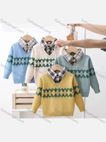 Wholesale Boy's Casual 2-in-1 Long Sleeve Collared Sweater 53143#, LIUHUA CLOTHING WHOLESALE