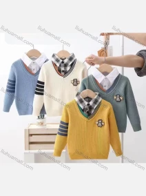 Wholesale Boy's Casual 2-in-1 Long Sleeve Collared Sweater 53144#, LIUHUA CLOTHING WHOLESALE