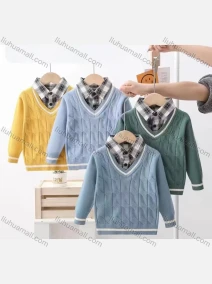 Wholesale Boy's Casual 2-in-1 Long Sleeve Collared Sweater 53145#, LIUHUA CLOTHING WHOLESALE