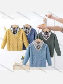 Wholesale Boy's Casual 2-in-1 Long Sleeve Collared Cable Knit Sweater 53149#, LIUHUA CLOTHING WHOLESALE