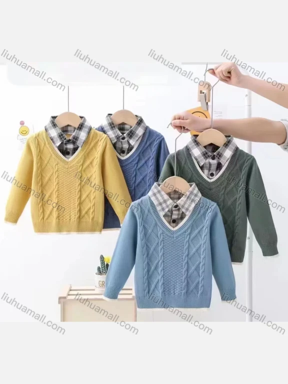 Wholesale Boy's Casual 2-in-1 Long Sleeve Collared Cable Knit Sweater 53149#