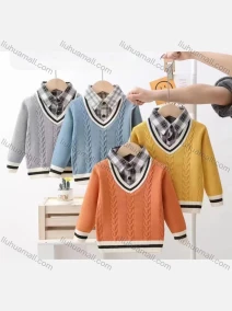 Wholesale Boy's Casual 2-in-1 Long Sleeve Collared Cable Knit Sweater 53151#, LIUHUA CLOTHING WHOLESALE