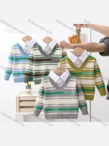Wholesale Boy's Casual Striped 2-in-1 Long Sleeve Collared Sweater 53154#, LIUHUA CLOTHING WHOLESALE