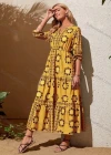 Wholesale Women's Vacation Notched Neck Poet Sleeve Floral Print Ruffle Hem Maxi Dress AY203# - Liuhuamall