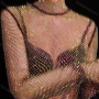 Wholesale Women's Sexy High-Neck Long Sleeve Elastic Fishnet Iron Driling Plain Cover Up Top 7948# preview