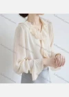 Wholesale Women's Casual V Neck Trumpet Sleeve Ruffle Trim Plain Blouse - Liuhuamall