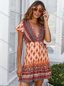 Wholesale Women's Casual Vintage Print Wrap V Neck Ruffle Sleeve Tie Side Short Dress, LIUHUA CLOTHING WHOLESALE