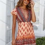 Wholesale Women's Casual Vintage Print Wrap V Neck Ruffle Sleeve Tie Side Short Dress preview