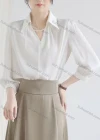 Wholesale Women's Casual Notched V Neck 3/4 Sleeve Satin Ruched Plain Blouse 190410# - Liuhuamall