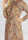 Wholesale Women's Elegant Stand Collar Long Sleeve Allover Tribal Print Pleated Maxi Dress With Belt - Liuhuamall
