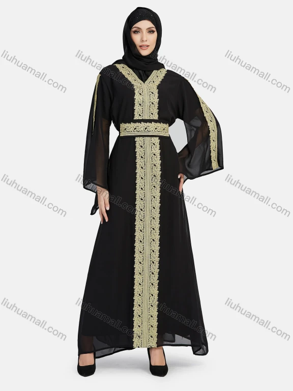 Wholesale Women's Chiffon Vintage Muslim Islamic Embroidery Maxi Abaya Dress R811#