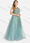 Wholesale Women's Elegant Round Neck Pearl Appliques Leaf Print Mesh Belted Evening Dress - Liuhuamall