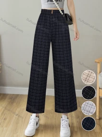 Wholesale Women's Casual Plaid Print Button High Waist Wide Leg Ankle Length Pants, LIUHUA CLOTHING WHOLESALE