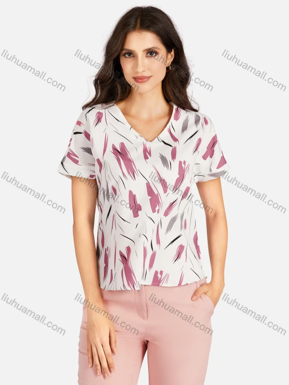 Wholesale Women's Casual Allover Print V Neck Short Sleeve Tee