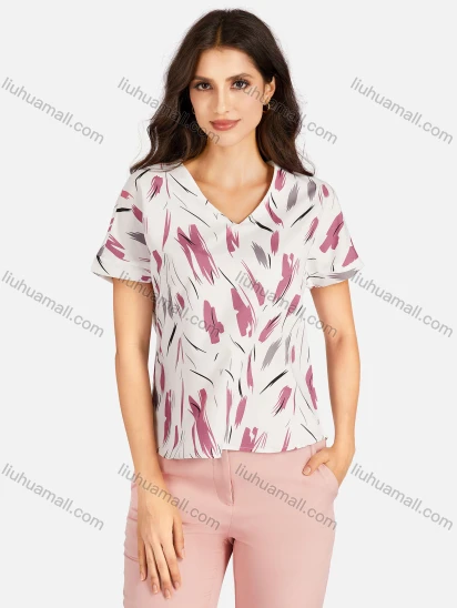 Wholesale Women's Casual Allover Print V Neck Short Sleeve Tee
