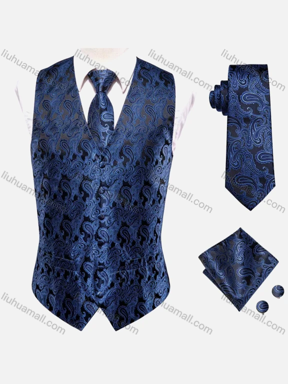 Wholesale Men's Formal Floral Silky Waistcoat With Necktie & Kerchief & Cufflinks 4-piece Set