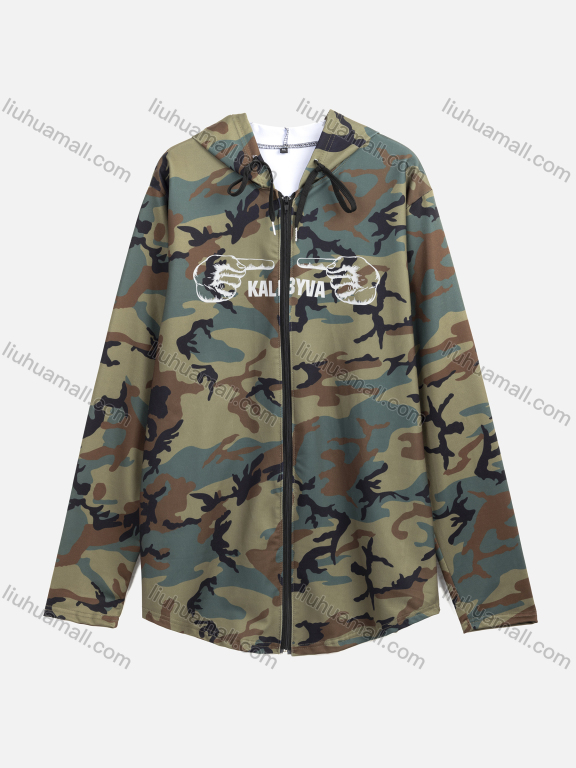 Wholesale Men's Casual Camouflage Long Sleeve Zipper Hooded Drawstring Jacket