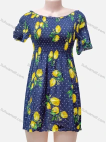 Wholesale Women's Casual Allover Print Bateau Neck Short Sleeve Shirred Ruffle Hem Short Dress, LIUHUA CLOTHING WHOLESALE