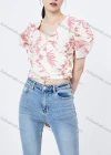 Wholesale Women's Elegant Wrap V Neck Puff Sleeve Plants Print Eyelet Embroidered Top 821931# - Liuhuamall