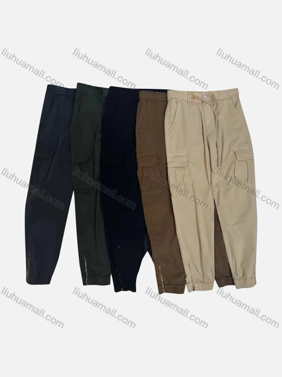 Wholesale Men's Casual Plain Flap Pockets Drawstring Button Closure Cargo Pant 1225#