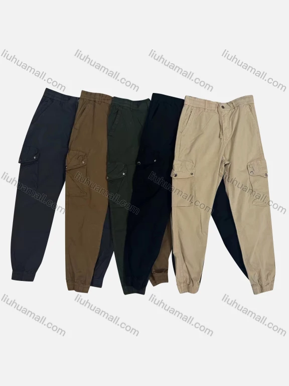 Wholesale Men's Casual Plain Flap Pockets Drawstring Button Closure Cargo Pant 1227#