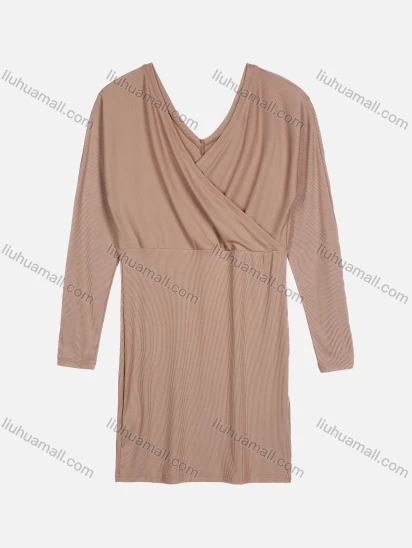 Wholesale Women's Wrap V Neck Long Sleeve Trim Rib-knit Short Dress