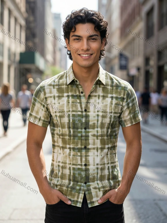 Wholesale In Stock Men's Slim Fit Short Sleeve Plaid Watercolor - Pattern Casual Business Shirt