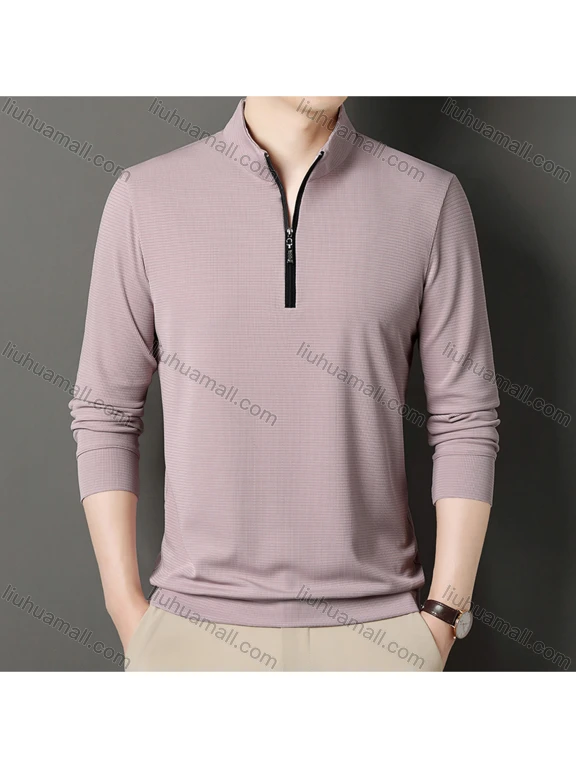 Wholesale Men's Casual Plain Stand Collar Quarter Zip Long Sleeve Henley Shirt C-31#