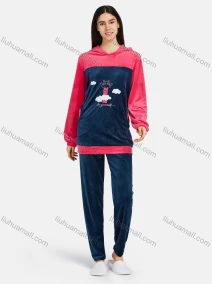 Wholesale Women's Casual Lounge Long Sleeve Embroidery Cartoon Pattern Colorblock Patch Pocket Hoodies & Pants Sets, LIUHUA CLOTHING WHOLESALE