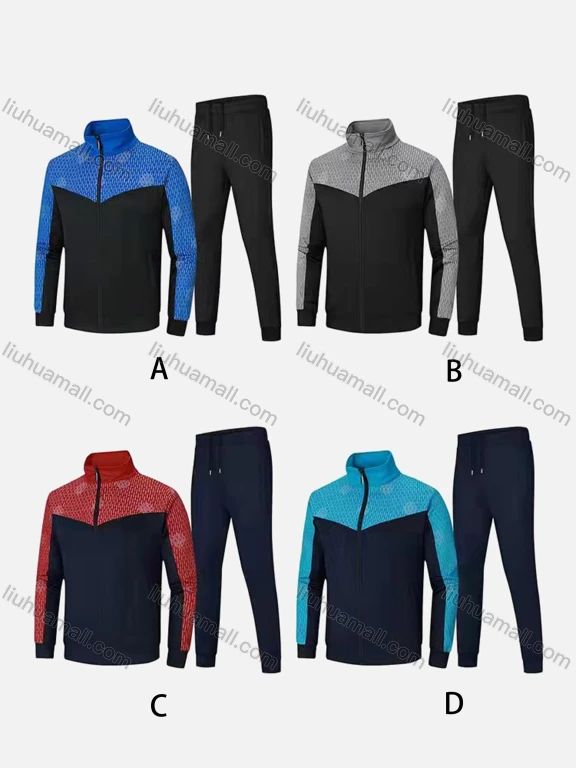 Wholesale Men's Athletic Workout Splicing Colorblock Stand Neck Zip Jacket & Elastic Waist Ankle Length Joggers 2 Piece Set 8083#
