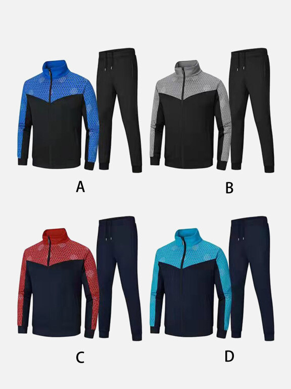 Men's Athletic Workout Splicing Colorblock Stand Neck Zip Jacket & Elastic Waist Ankle Length Joggers 2 Piece Set 8083#, Clothing Wholesale Market -LIUHUA, MEN, Active-Outdoor