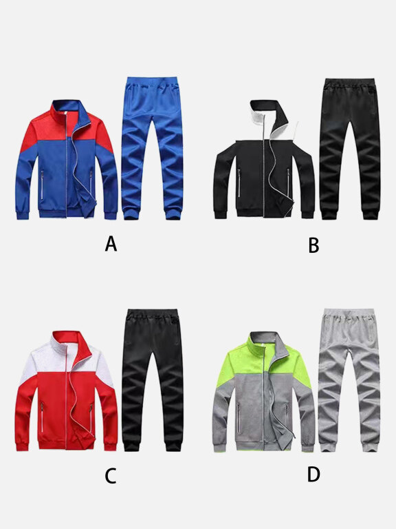 Men's Athletic Workout Splicing Colorblock Stand Neck Zip Jacket & Elastic Waist Ankle Length Joggers 2 Piece Set 9976#, Clothing Wholesale Market -LIUHUA, MEN, Active-Outdoor