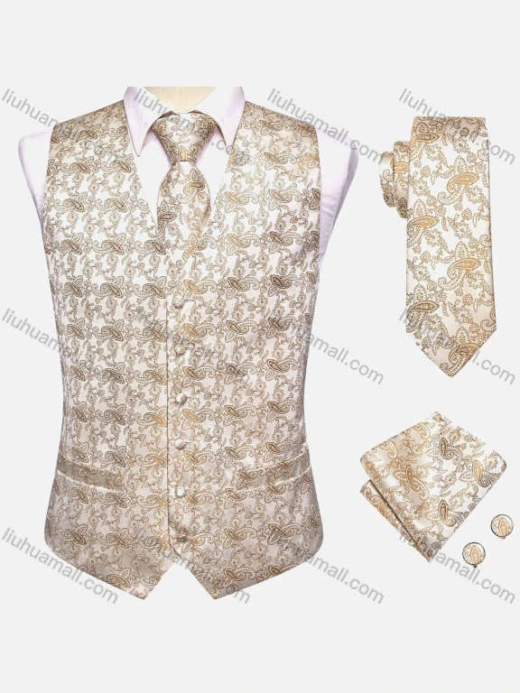 Wholesale Men's Formal Paisley Print Silky Waistcoat With Necktie & Kerchief & Cufflinks 4-piece Set