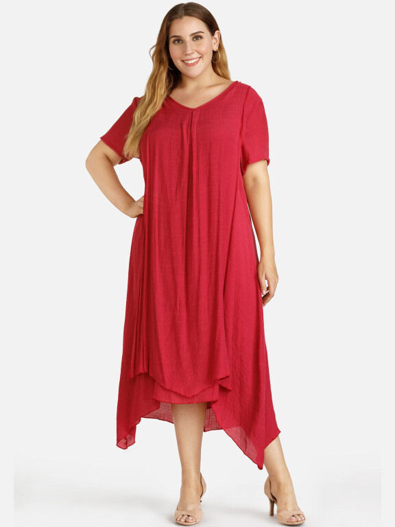 Women's Plain Linen Short Sleeve Hanky Hem Midi Dress, Clothing Wholesale Market -LIUHUA, 