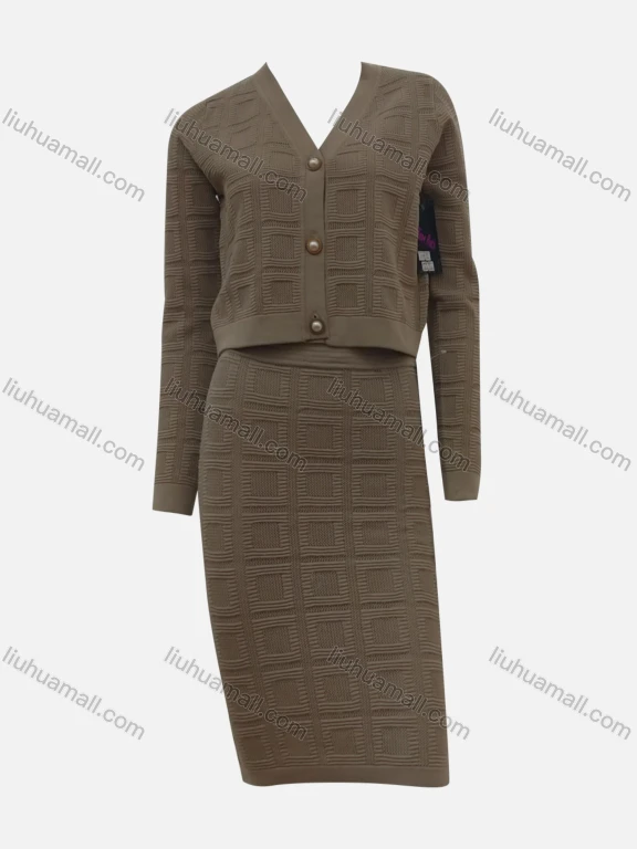 Wholesale Women's Casual Plain Geometric Texture Button Down Long Sleeve V Neck Cardigan & Midi Skirts 2 Piece Set