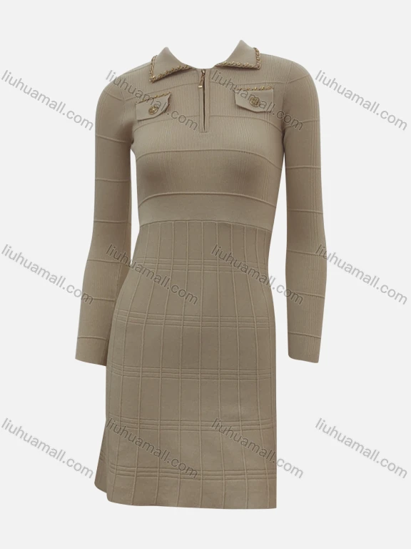 Wholesale Women's Casual Collared Plain Quarter Zip Fake Pocket Metal Decor High Waist Long Sleeve Short Dress