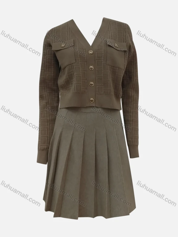 Wholesale Women's Casual Plain Geometric Texture Long Sleeve V Neck Flap Pockets Button Down Cardigan & Short Skirts 2 Piece Set