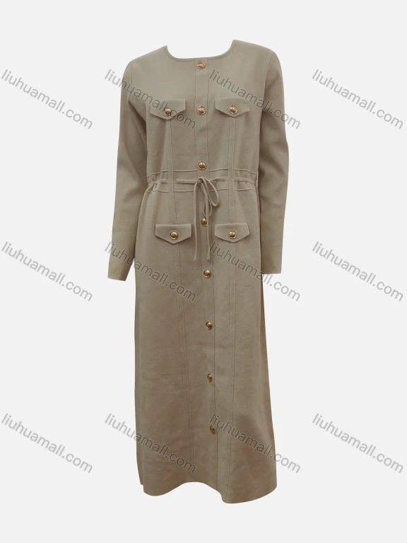 Wholesale Women's Casual Crew Neck Plain Button Decor Fake Pocket Drawstring High Waist Long Sleeve Midi Dress