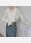Wholesale Women's Casual V Neck Trumpet Sleeve Button Down Ruffle Trim Plain Blouse 000148# - Liuhuamall