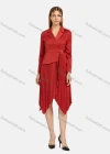 Wholesale Women's Lapel Wrap Long Sleeve Belted Pleated Hanky Hem Plain Dress - Liuhuamall