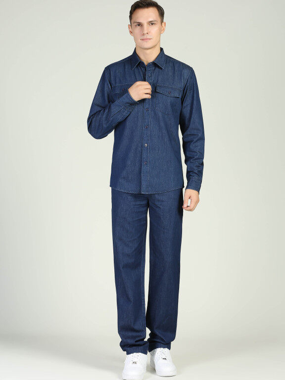 Men's Long Sleeve Pocket Button Front Denim Shirt & Straight Leg Trousers 2 Piece Set, Clothing Wholesale Market -LIUHUA, MEN, Clothing-Sets