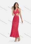 Wholesale Women's Sexy V Neck Cutout High Waist Plain Midi Halter Dress WK0055# - Liuhuamall