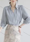 Wholesale Women's Casual Notched V Neck 3/4 Sleeve Satin Ruched Plain Blouse 190410# - Liuhuamall