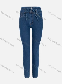 Wholesale Women's Casual Plain High Waist Drawstring Straight Leg Ankle Length Skinny Fit Jeans MJ-44MB#, LIUHUA CLOTHING WHOLESALE