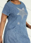Wholesale Women's Casual Round Neck Short Sleeve Star Pattern Dual Pockets Slit Midi Denim Dress - Liuhuamall