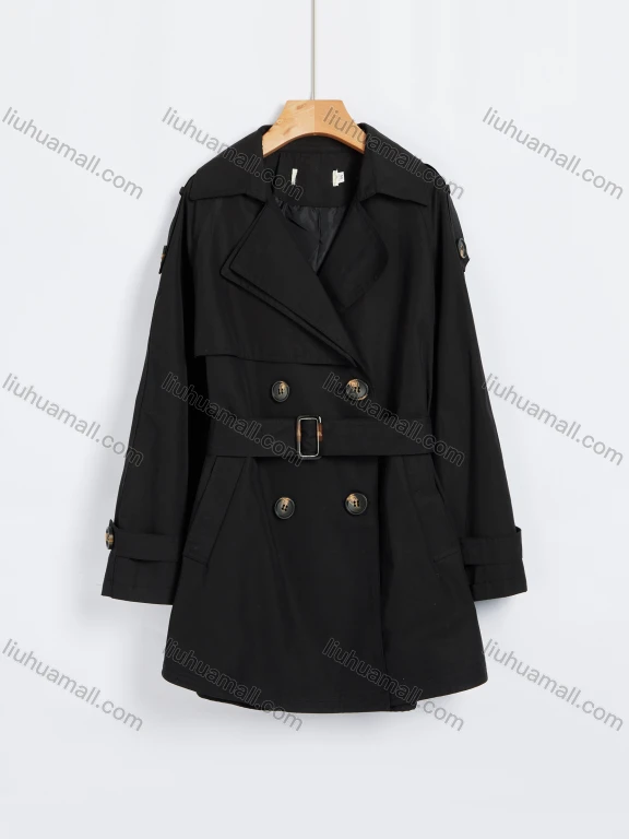 Wholesale Women's Casual Plain Lapel Long Sleeve Double Breasted Pockets Trench Coat With Belt 2024-2#