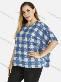 Wholesale Women's Plus Size Crew Neck Plaid Print Batwing Sleeve Pullover Blouse, LIUHUA CLOTHING WHOLESALE