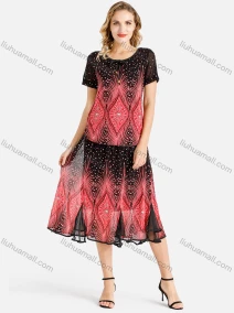 Wholesale Women's Summer Folkloric Print Round Neck Short Sleeve Top & Godet Hem Maxi Skirt Set, LIUHUA CLOTHING WHOLESALE